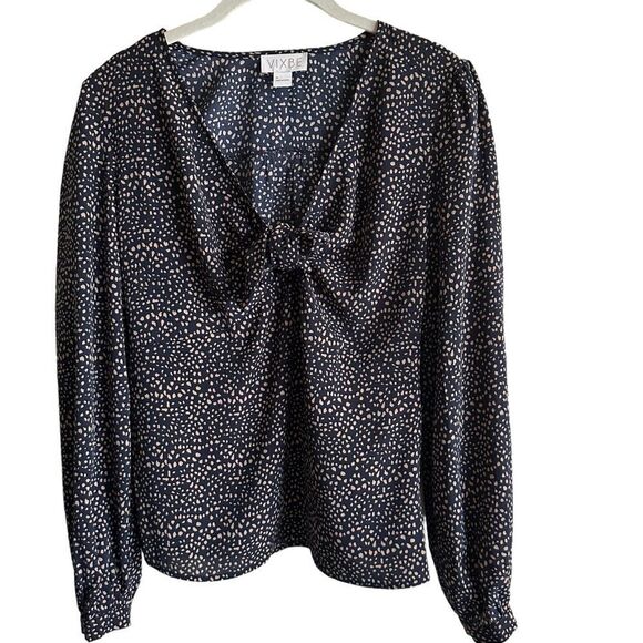 Vixbe Medium Women's Flowy Tie Neck‎ Top Blue and Tan Speckled - Picture 1 of 8